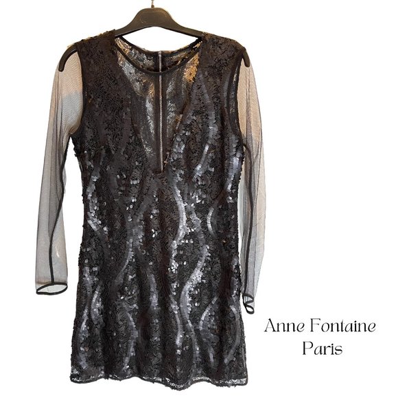 ANNE FONTAINE BLACK SEQUIN MESH PAMILA DRESS WITH EXPOSED BACK ZIPPER LINED, 38 - Picture 2 of 8